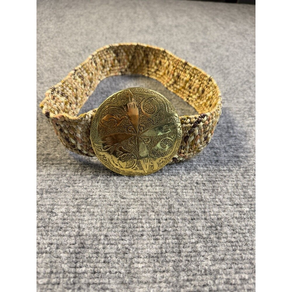 Vintage Stretch Woven Belt Gold Tone Round Buckle Boho Metallic 24” Small